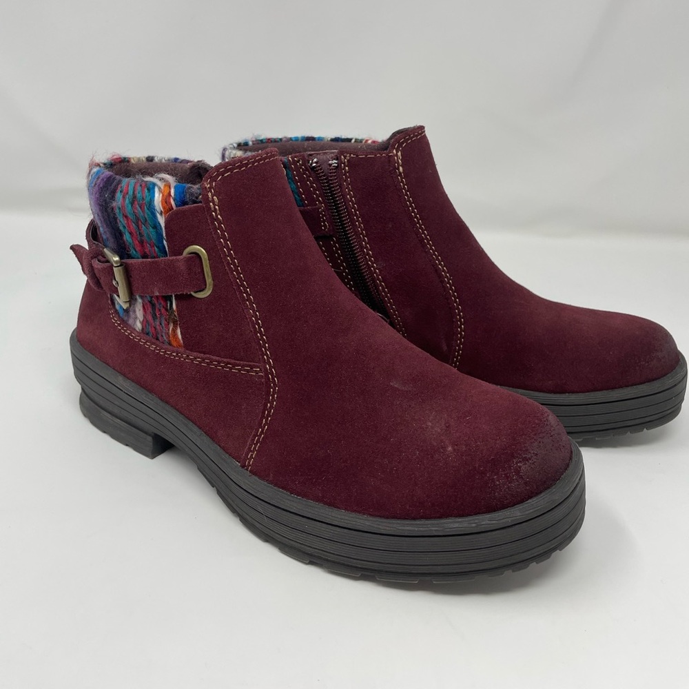 Earth Origins burgundy ankle boot with multicolored knit on side and buckle